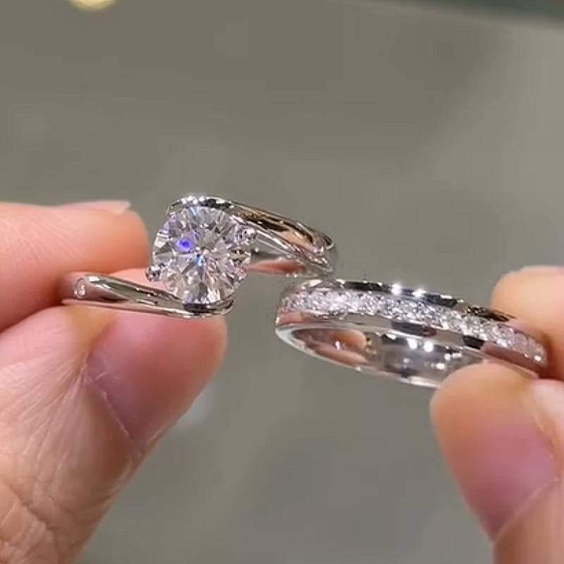 Jzora Handmade Round Cut Twisted Shank Sterling Silver Moissanite Engagement Wedding Ring Set
