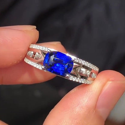 Jzora Handmade Royal Blue CZ Sapphire Cushion Cut Hollow Side Design Men's Statement Ring