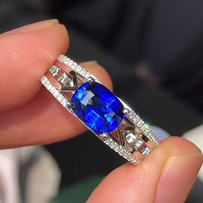 Jzora Handmade Royal Blue CZ Sapphire Cushion Cut Hollow Side Design Men's Statement Ring