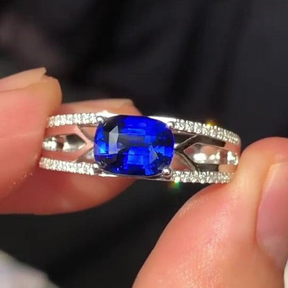 Jzora Handmade Royal Blue CZ Sapphire Cushion Cut Hollow Side Design Men's Statement Ring