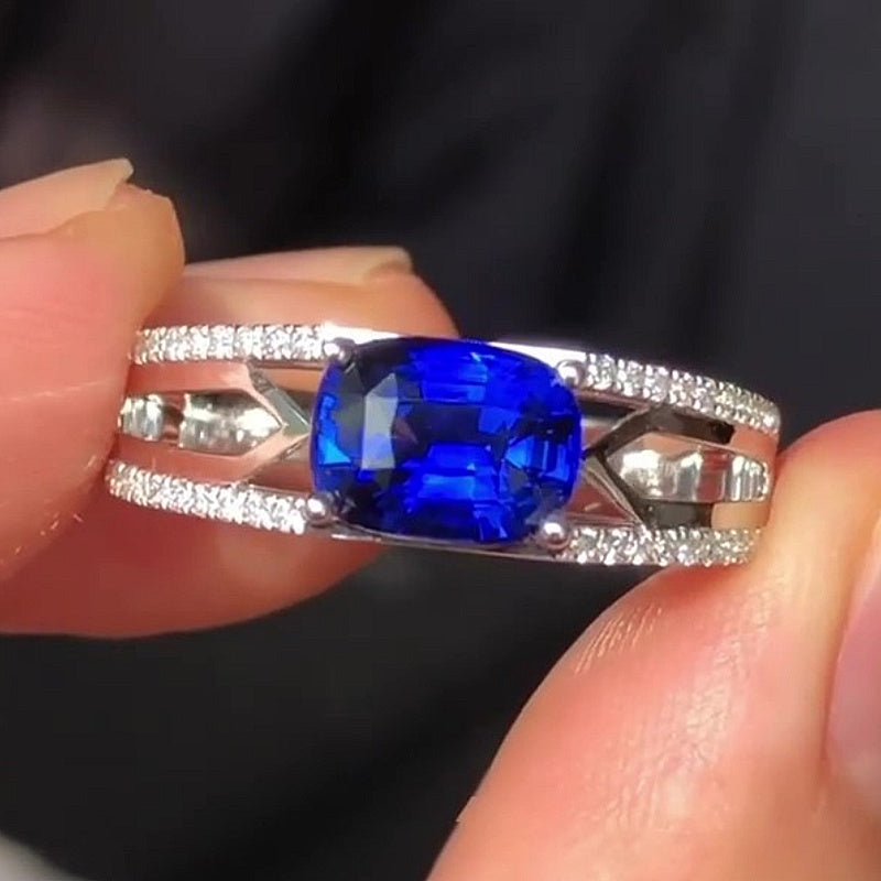 Jzora Handmade Royal Blue CZ Sapphire Cushion Cut Hollow Side Design Men's Statement Ring