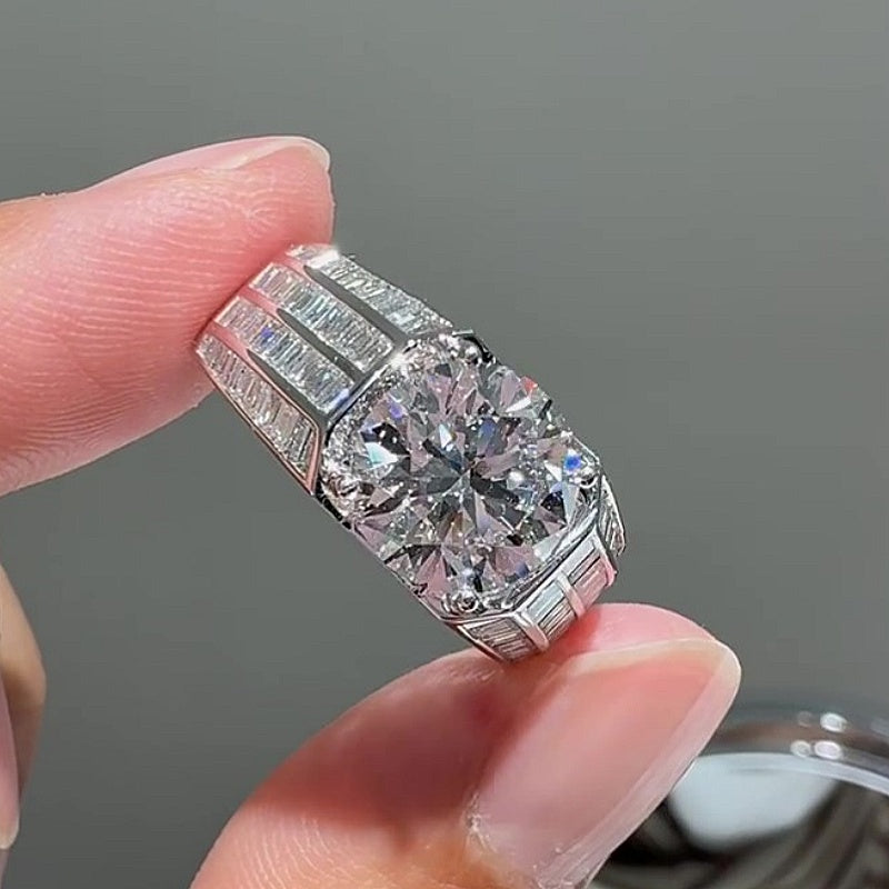 Jzora Handmade 3CT Round Cut Vintage Geometric Segmented Wide Band Men's Ring