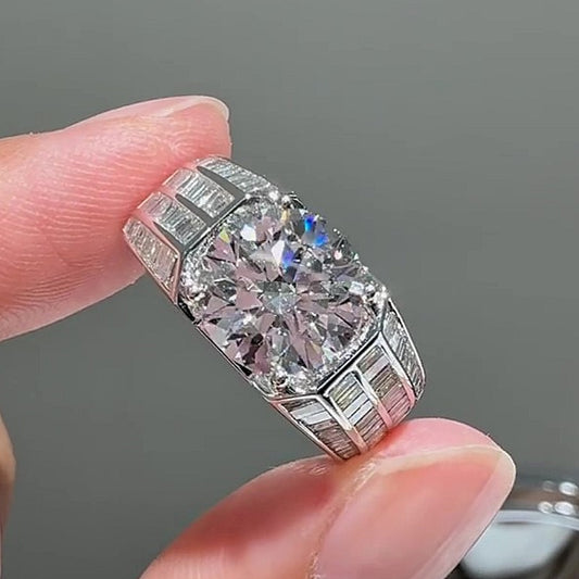 Jzora Handmade 3CT Round Cut Vintage Geometric Segmented Wide Band Men's Ring