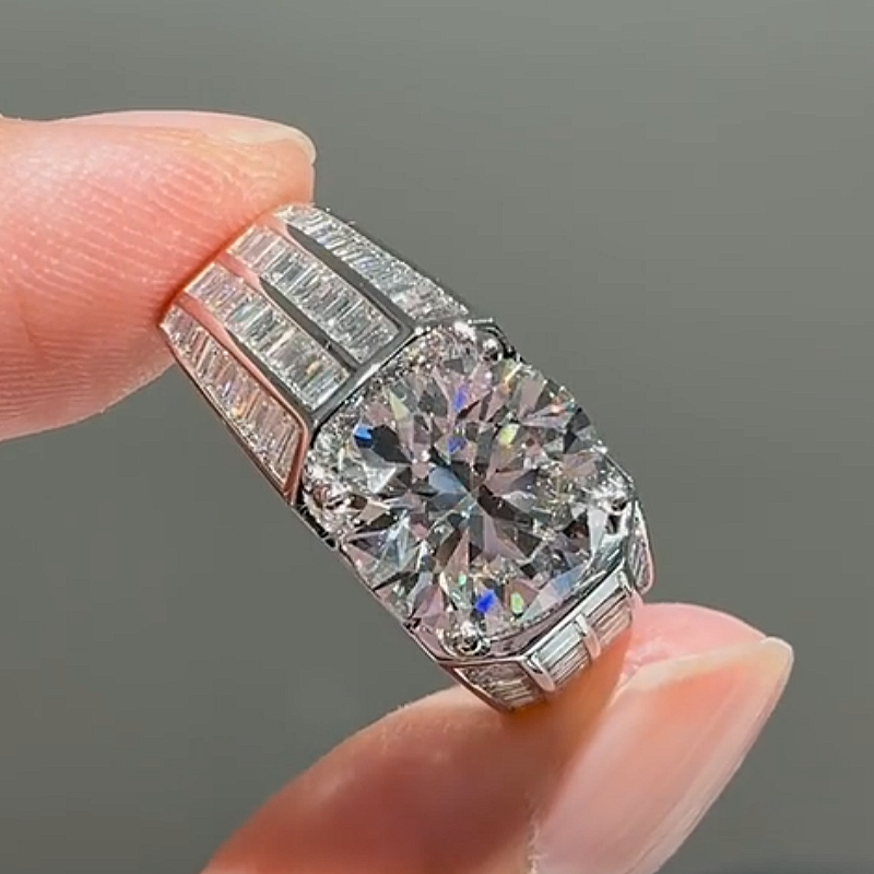 Jzora Handmade 3CT Round Cut Vintage Geometric Segmented Wide Band Men's Ring