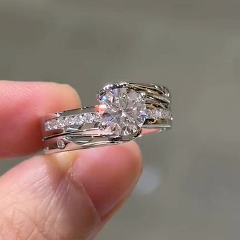 Jzora Handmade Round Cut Twisted Shank Sterling Silver Moissanite Engagement Wedding Ring Set