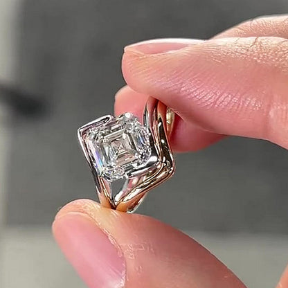 Jzora Handmade Intertwined Two-Tone Asscher Cut Moissanite Ring Set