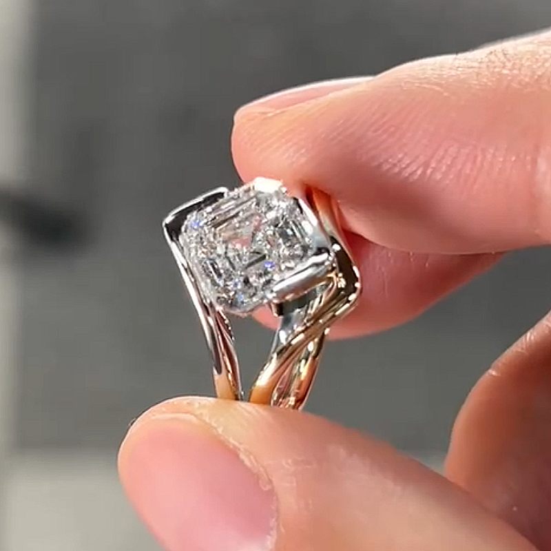 Jzora Handmade Intertwined Two-Tone Asscher Cut Moissanite Ring Set