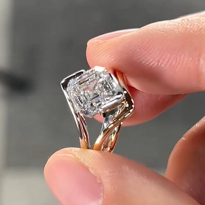 Jzora Handmade Intertwined Two-Tone Asscher Cut Moissanite Ring Set