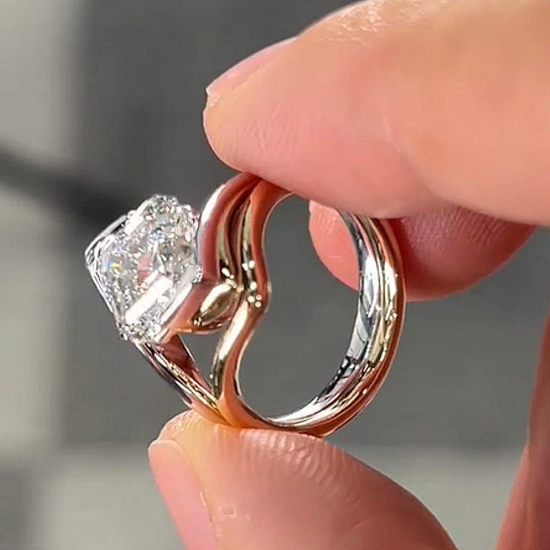 Jzora Handmade Intertwined Two-Tone Asscher Cut Moissanite Ring Set