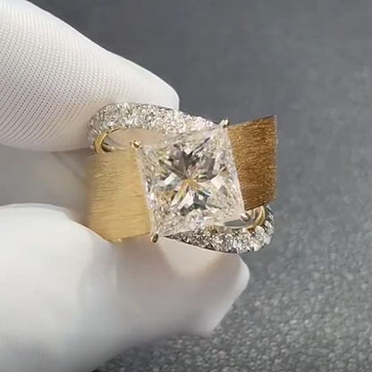 Jzora Handmade Princess Cut White Zircon Brushed Gold Finish Dainty Luxe Ring