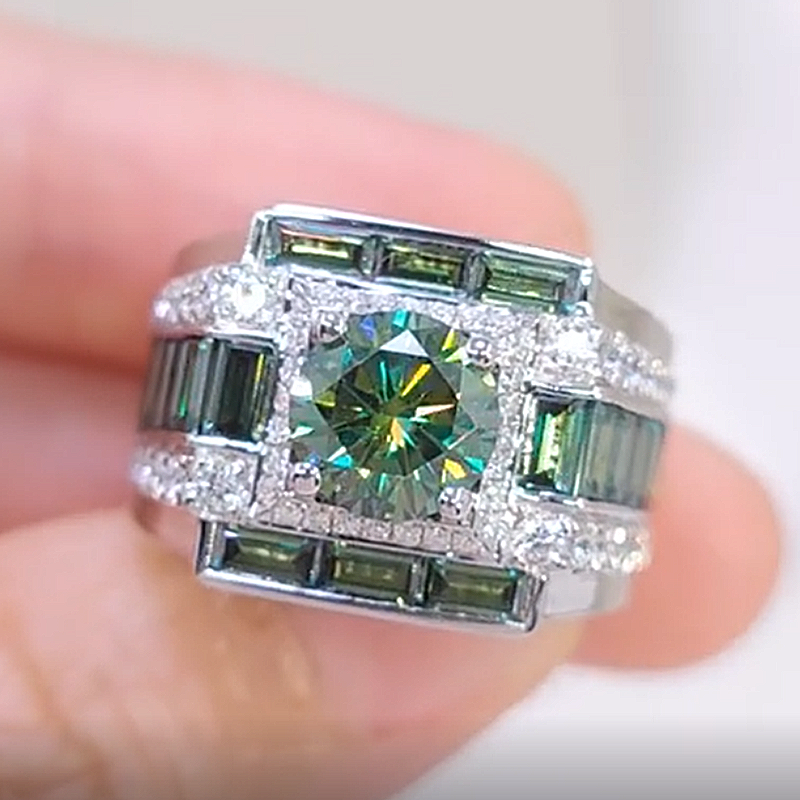 Jzora Handmade Round Cut Green Moissanite Baguette Accent Men's Ring
