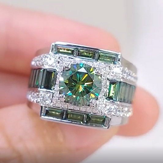 Jzora Handmade Round Cut Green Moissanite Baguette Accent Men's Ring
