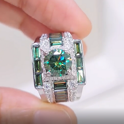 Jzora Handmade Round Cut Green Moissanite Baguette Accent Men's Ring