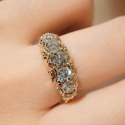 Jzora Handmade Vintage Filigree 5‑Stone Round Moissanite Wedding Anniversary Ring