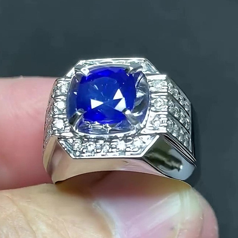 Jzora Handmade Cushion Cut Royal Blue Sapphire Four Prong Halo Chunky Wide Men’s Ring