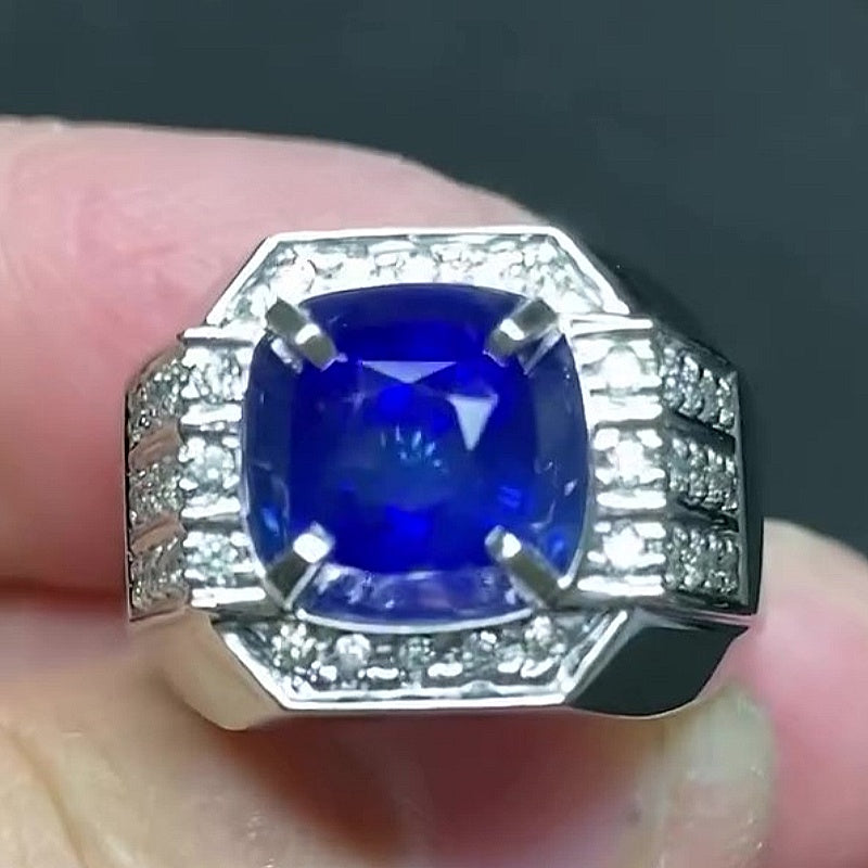 Jzora Handmade Cushion Cut Royal Blue Sapphire Four Prong Halo Chunky Wide Men’s Ring