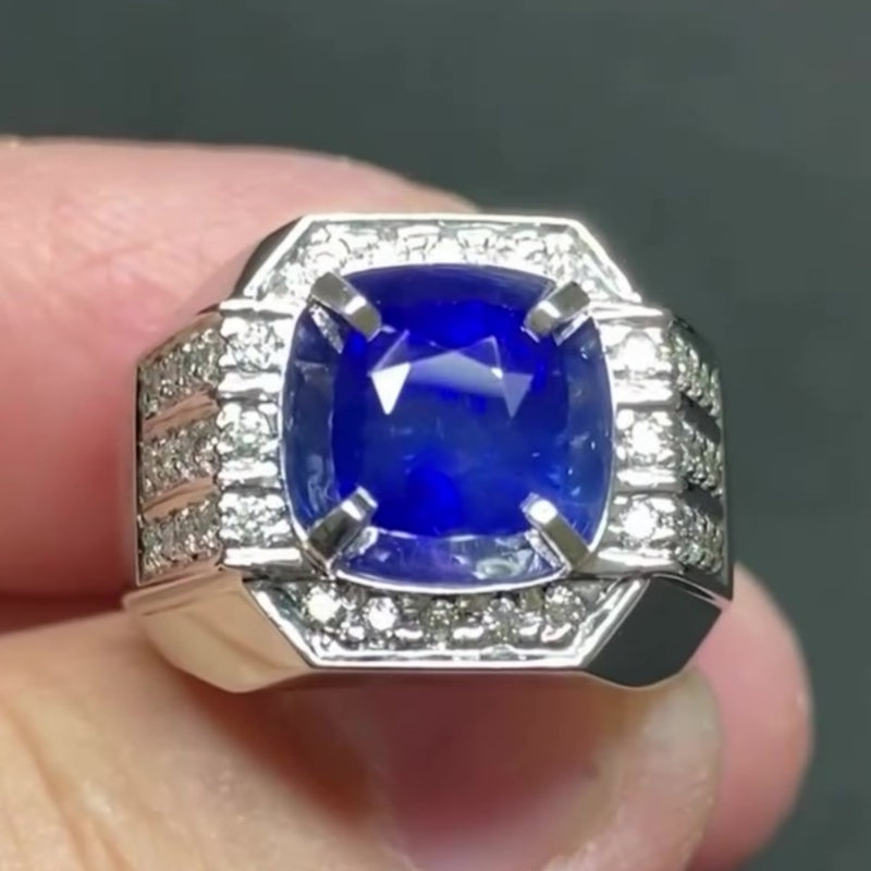 Jzora Handmade Cushion Cut Royal Blue Sapphire Four Prong Halo Chunky Wide Men’s Ring