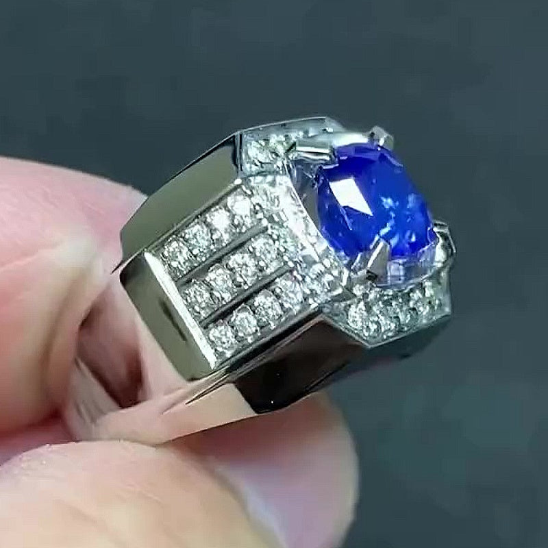 Jzora Handmade Cushion Cut Royal Blue Sapphire Four Prong Halo Chunky Wide Men’s Ring