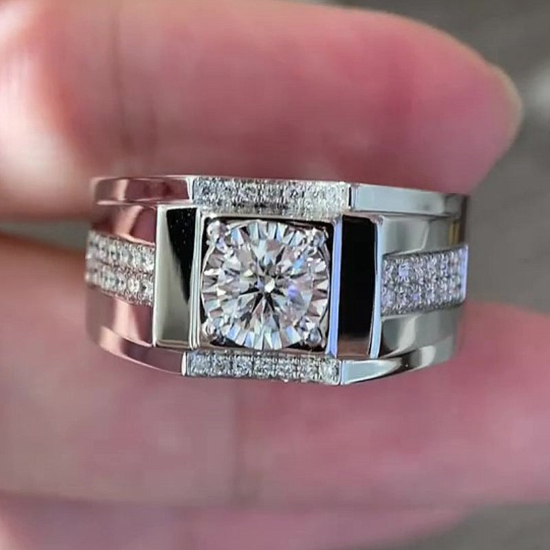Jzora Handmade Round Moissanite Square Frame Multi Pave Men’s Wedding Ring