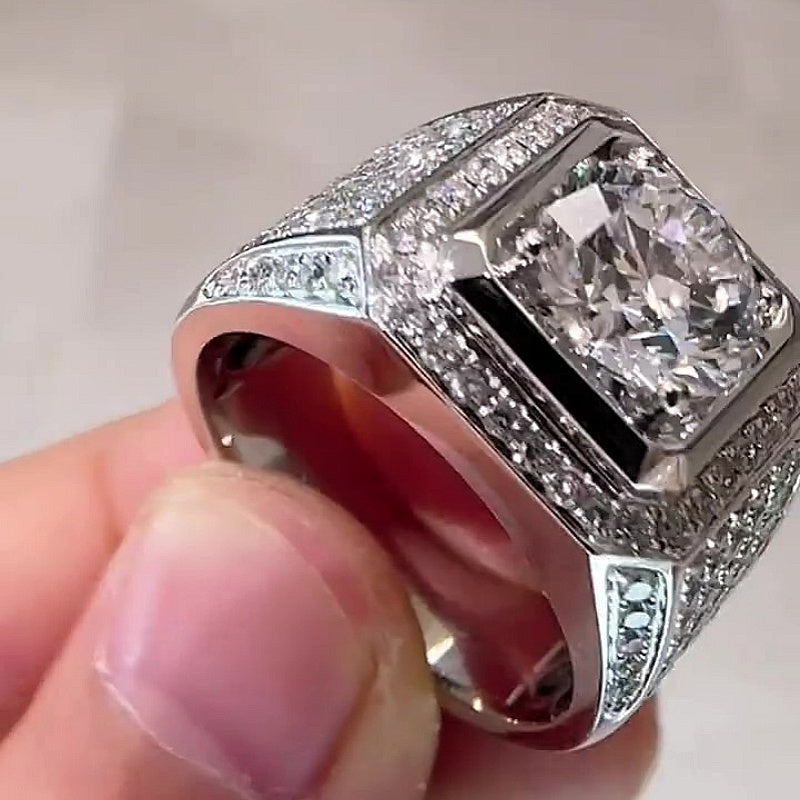 Jzora handmade luxury round brilliant cut fully paved halo sparkle wide band men's ring