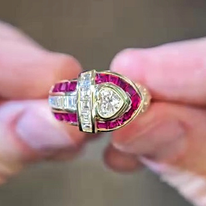 Jzora handmade 0.5ct vintage ruby-inlaid heart center halo glamorous ring