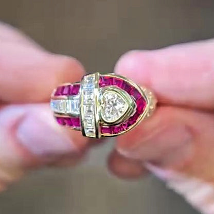 Jzora handmade 0.5ct vintage ruby-inlaid heart center halo glamorous ring