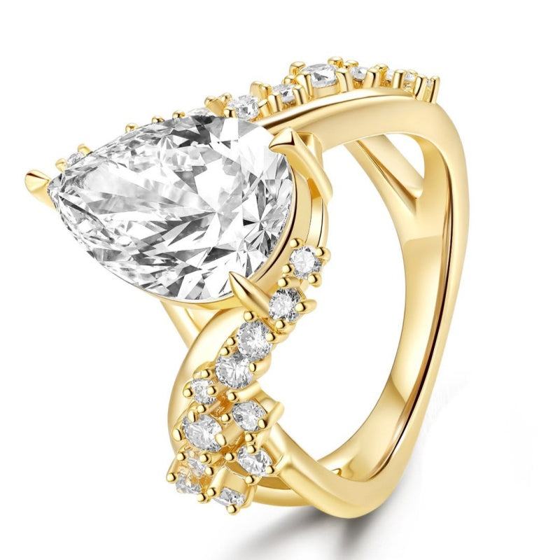 Jzora handmade 2.5ct pear cut halo gold-tone sterling silver engagement promise ring