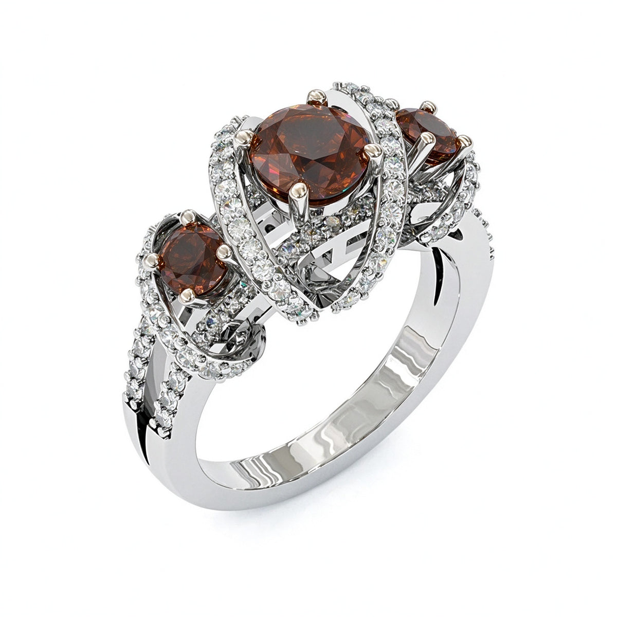 Jzora handmade D-Coffee Round Cut Triple-Stone Crisscross Pavé Halo Ring