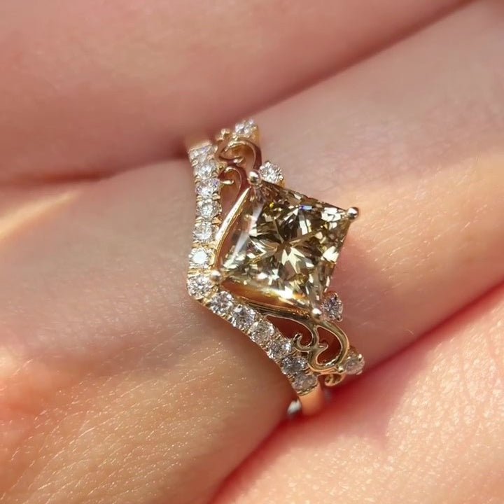 Jzora Handmade Brown Princess Cut Exquisite Filigree Ring