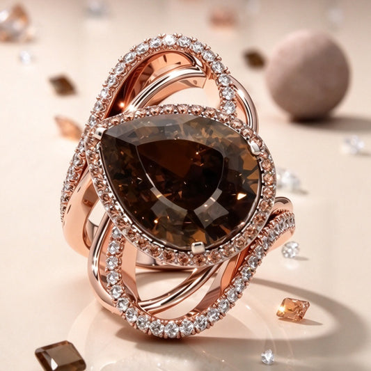 Jzora Handmade Pear-Cut Smoky Brown Interwoven Halo Statement Ring