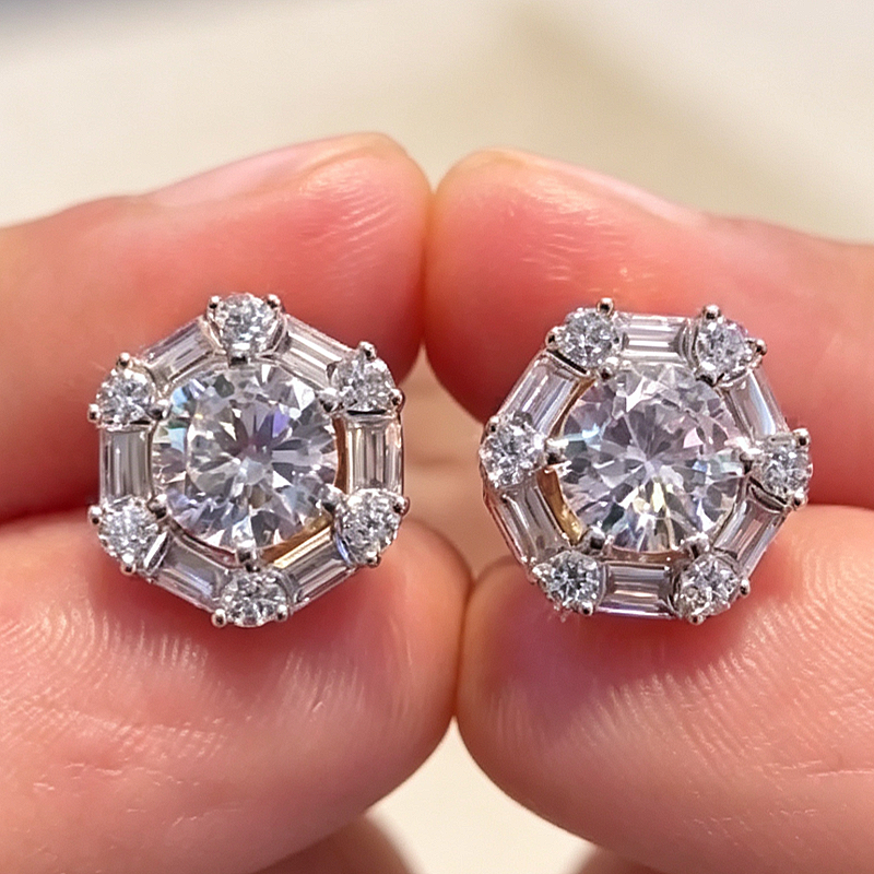 Jzora Handmade Round CZ Octagon Halo Baguette Pave Stud Earrings