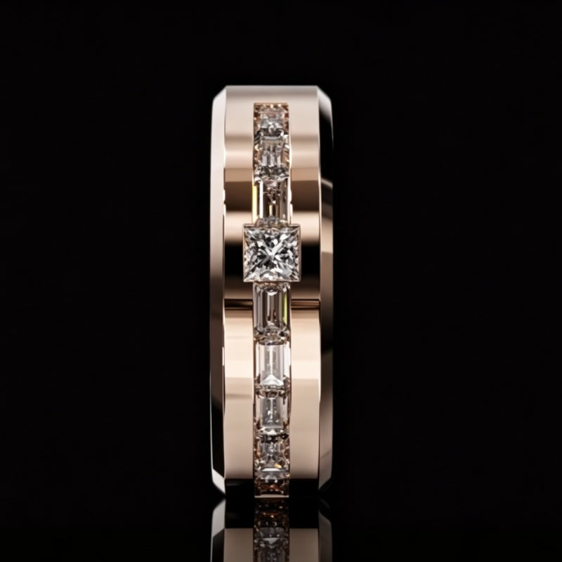 Jzora Handmade Rose‑Gold Channel‑Set Princess & Baguette Cut Moissanite Men’s Band Ring