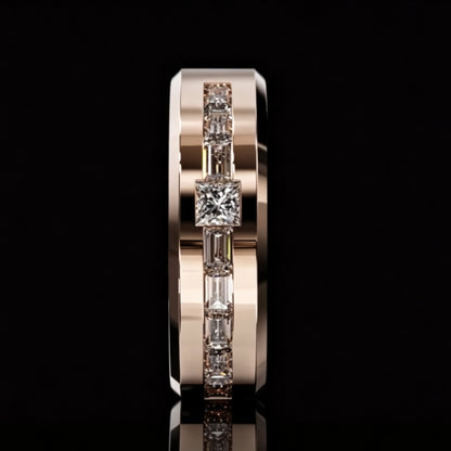 Jzora Handmade Rose‑Gold Channel‑Set Princess & Baguette Cut Moissanite Men’s Band Ring