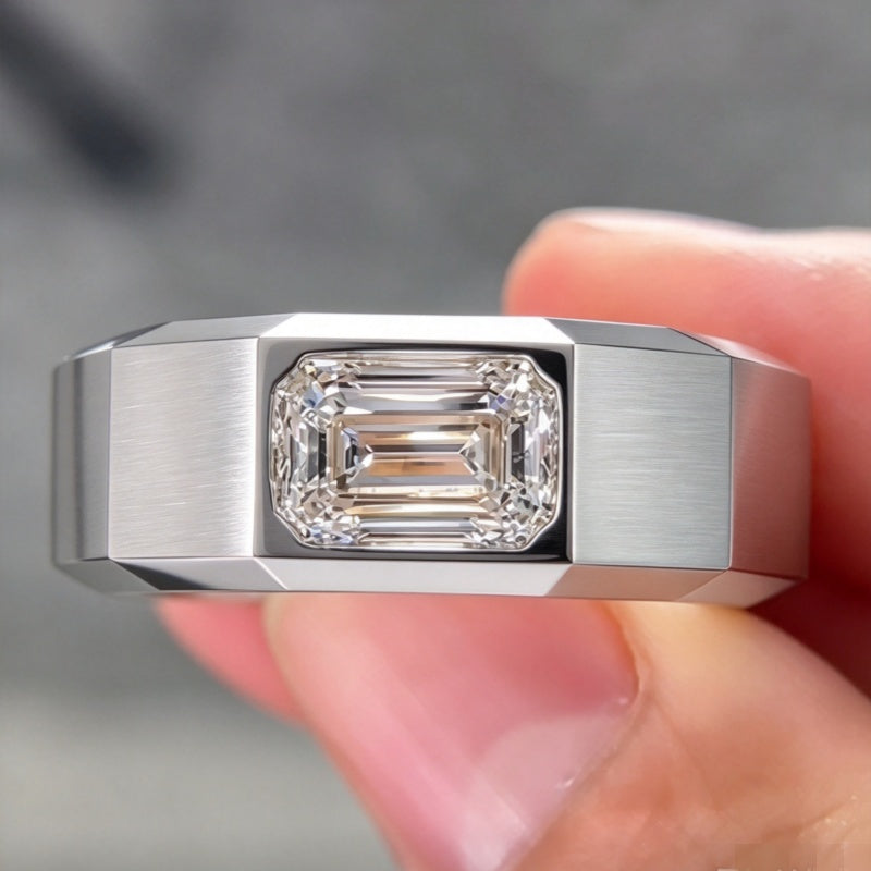 Jzora Handmade Emerald Cut Moissanite Men’s Brushed Faceted Wide Band Ring