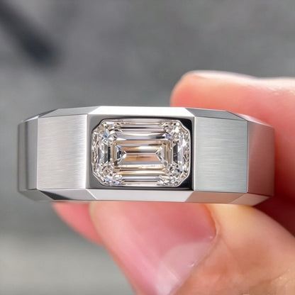 Jzora Handmade Emerald Cut Moissanite Men’s Brushed Faceted Wide Band Ring