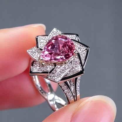 Jzora Handmade Pear Cut Morganite Geometric Rose Bridal Statement Ring