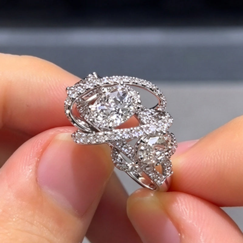 Jzora Handmade Oval Moissanite Triple-Stone Pavé Halo Promise Ring