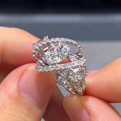 Jzora Handmade Oval Moissanite Triple-Stone Pavé Halo Promise Ring