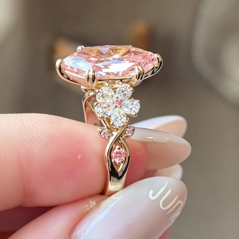 Jzora Handmade Marquise Cut Morganite Dual Floral Cluster Accent Engagement Ring