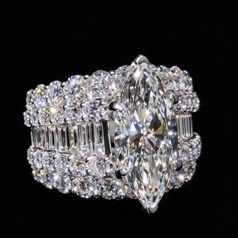 Jzora Handmade Marquise‑Cut Center Stone Three‑Row Pavé Wide Luxury Ring