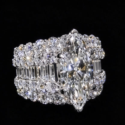 Jzora Handmade Marquise‑Cut Center Stone Three‑Row Pavé Wide Luxury Ring