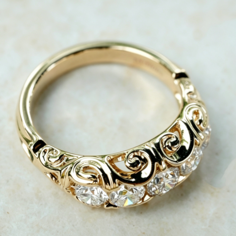 Jzora Handmade Vintage Filigree 5‑Stone Round Moissanite Wedding Anniversary Ring