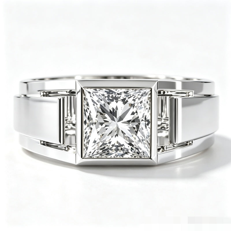 Jzora Handmade Princess Cut White Moissanite Men's Wide Band Geometric Ring