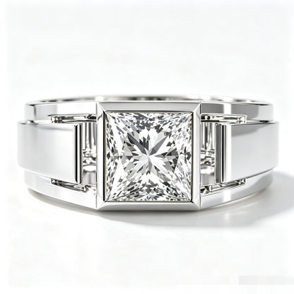 Jzora Handmade Princess Cut White Moissanite Men's Wide Band Geometric Ring