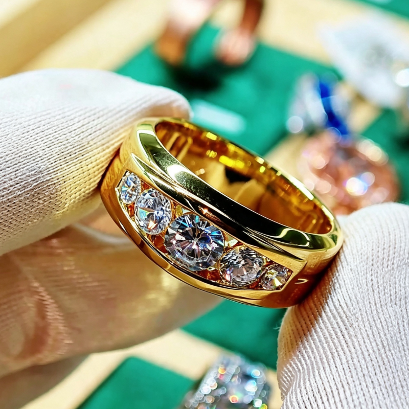 Jzora handmade timeless gold round cut five moissanite men's ring