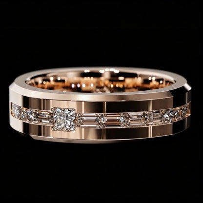 Jzora Handmade Rose‑Gold Channel‑Set Princess & Baguette Cut Moissanite Men’s Band Ring