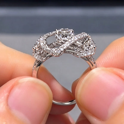 Jzora Handmade Oval Moissanite Triple-Stone Pavé Halo Promise Ring