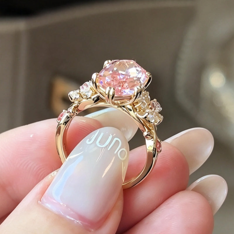 Jzora Handmade Marquise Cut Morganite Dual Floral Cluster Accent Engagement Ring