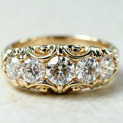 Jzora Handmade Vintage Filigree 5‑Stone Round Moissanite Wedding Anniversary Ring
