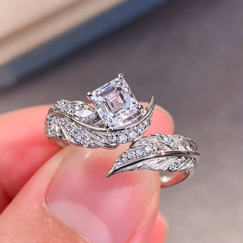 Jzora Handmade Asscher Cut Moissanite Sculpted Feather Pave Engagement Ring